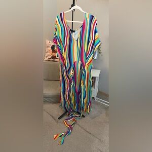 Rainbow Striped Wrap Around Stretch Jersey Colorful Midi